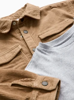White T-Shirt & tan Corduroy Shirt Set 5 years