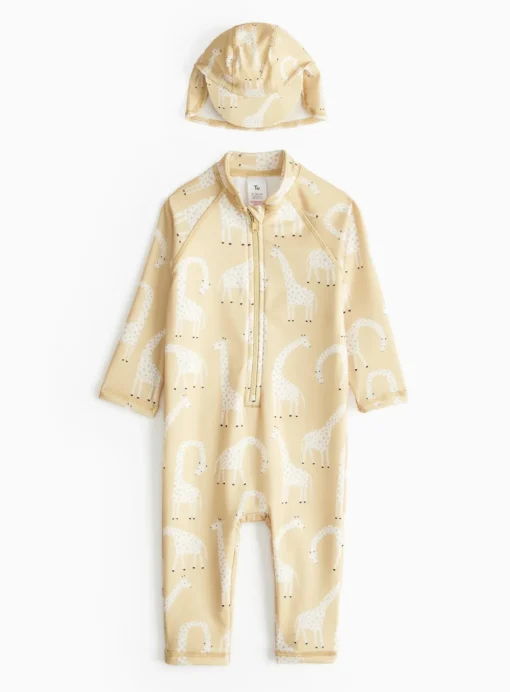 Yellow Giraffe Print Sunsafe Swimsuit & Keppi Hat 6-9 months